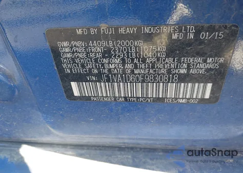 2015 Subaru Wrx Premium from USA, damaged, VIN JF1VA1D60F9830818